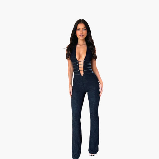 Women’s sleeveless jumpsuit with flared legs and lace-up front