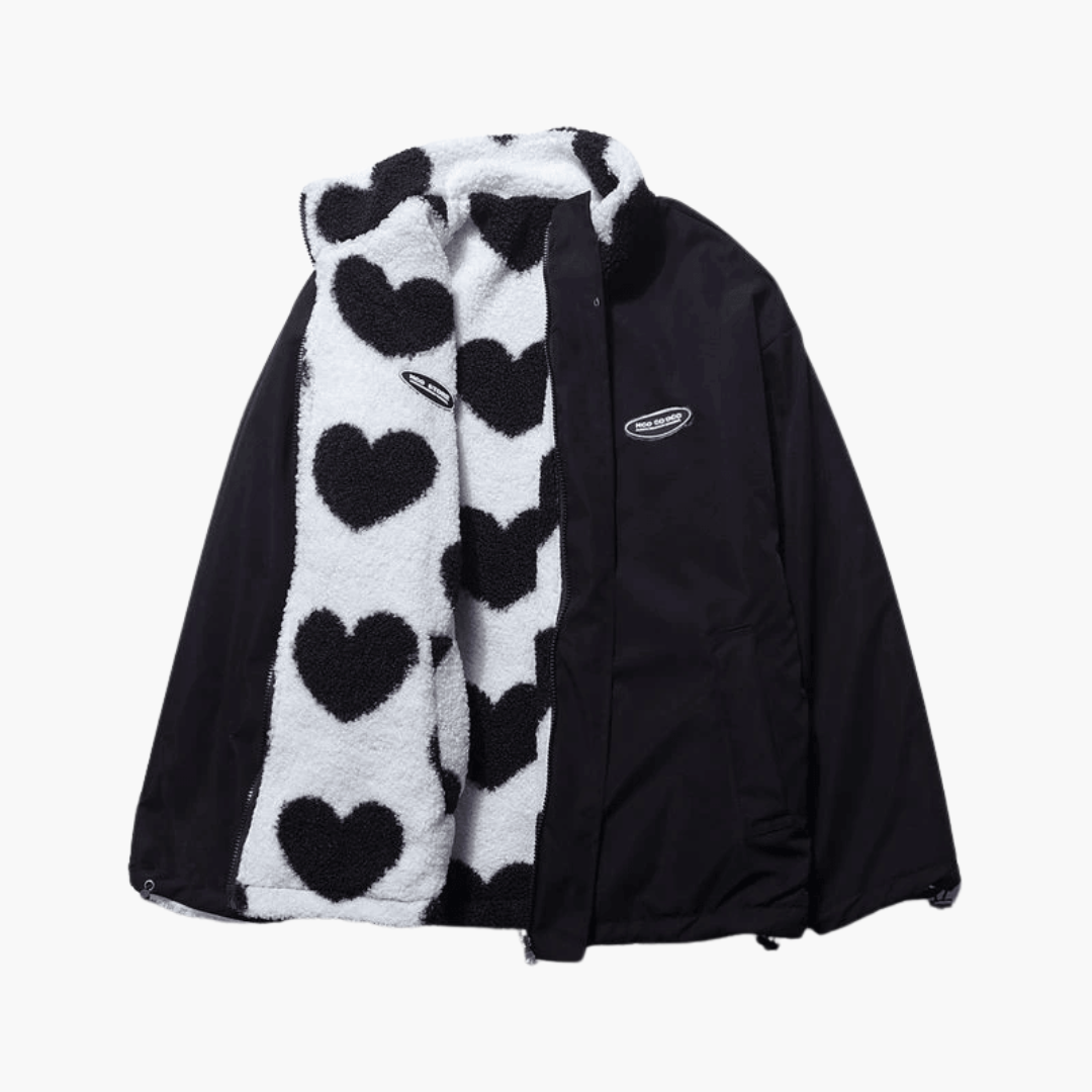 Reversible Heart Print Sherpa Jacket - Women's Winter Fleece