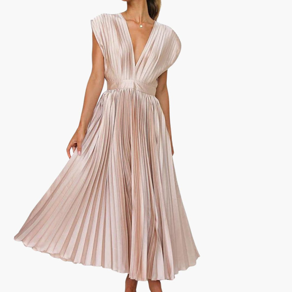 Elegant V-Neck Pleated Midi Dress for Women - Formal Evening Wear