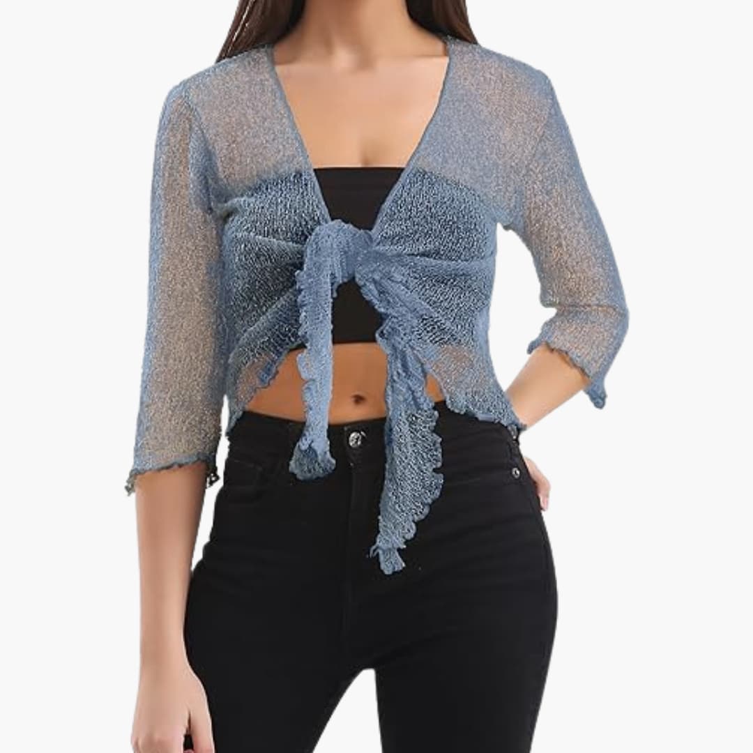 Women’s tie-up bolero top with sheer knit and cropped fit