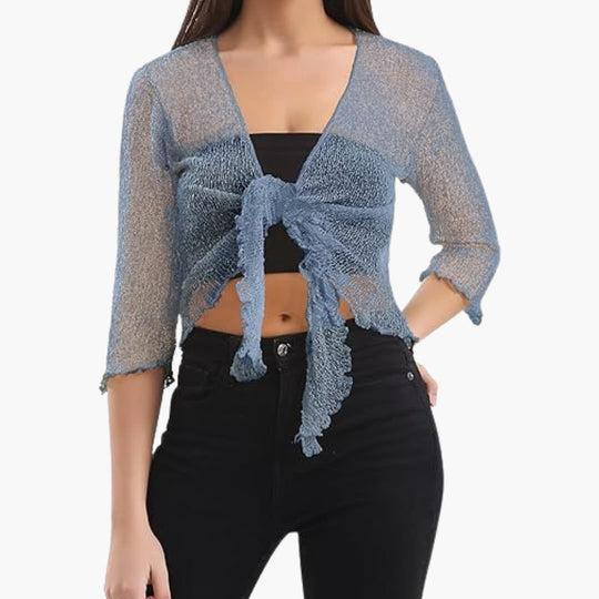 Women’s tie-up bolero top with sheer knit and cropped fit