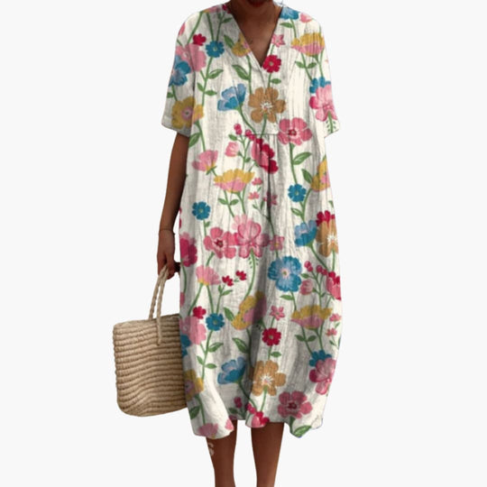 Women's floral summer dress with V-neck and short sleeves