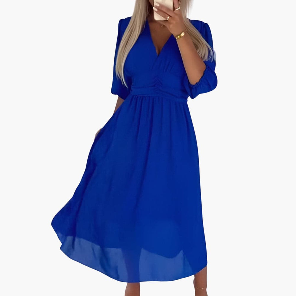 Chiffon Midi Dress for Women - V Neck Ruched Waist Style