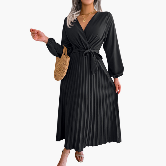 Elegant Pleated Maxi Dress for Women - Long Sleeve Wrap Dress