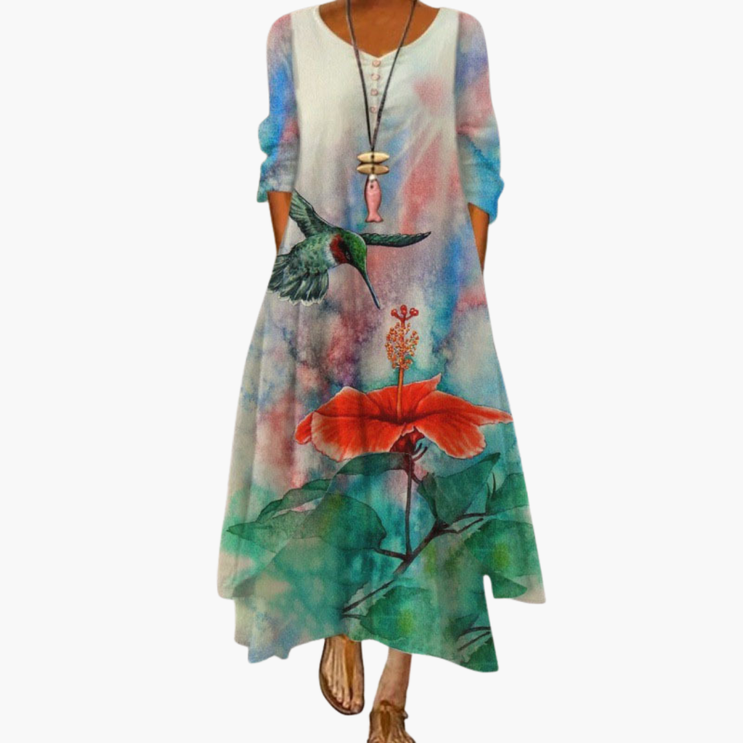 Women's summer maxi dress with long sleeves and floral print