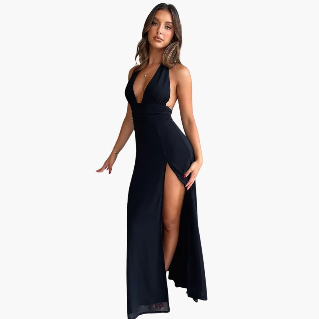 V Neck Maxi Dress for Women - Halter Neck High Slit Style