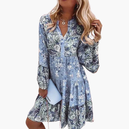 Women’s A-line dress with floral print and tiered skirt