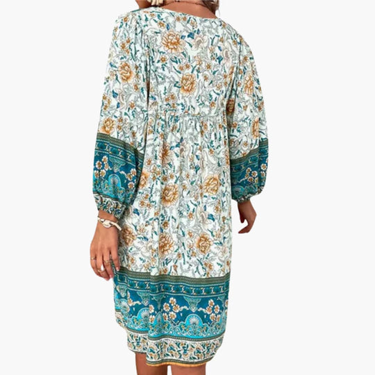 Women’s boho floral dress with long sleeves and V-neckline