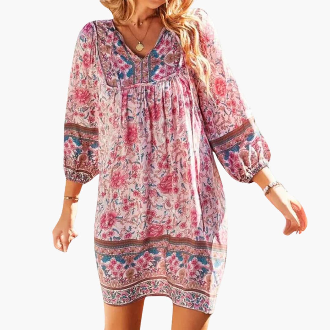 Women’s boho floral dress with long sleeves and V-neckline