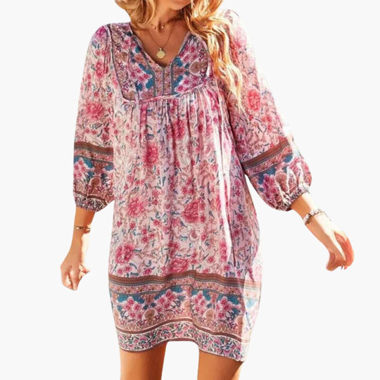 Women’s boho floral dress with long sleeves and V-neckline