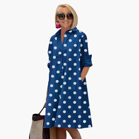 Women's midi dress with long sleeves and polka dot print