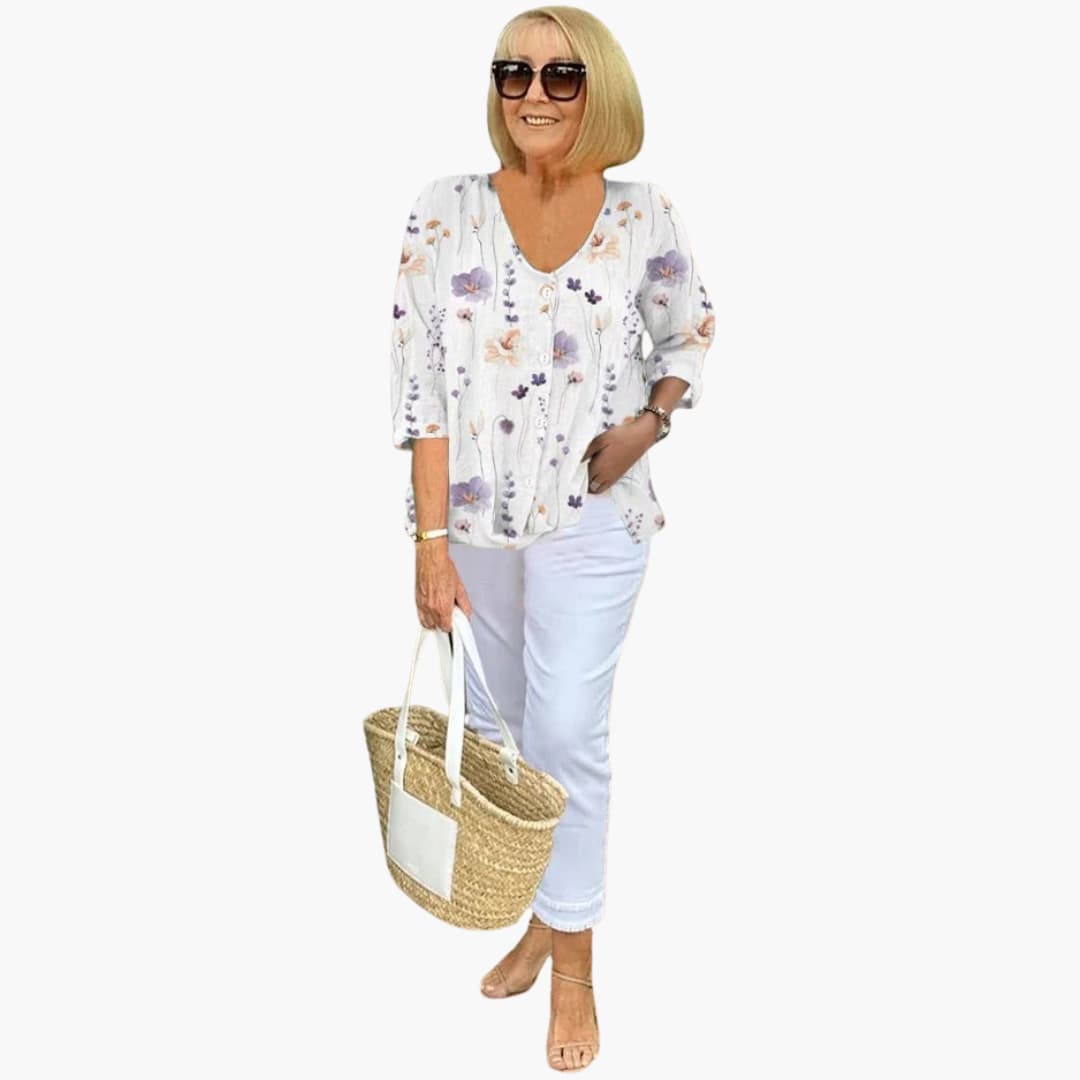 Women’s relaxed-fit blouse with floral print and V-neckline