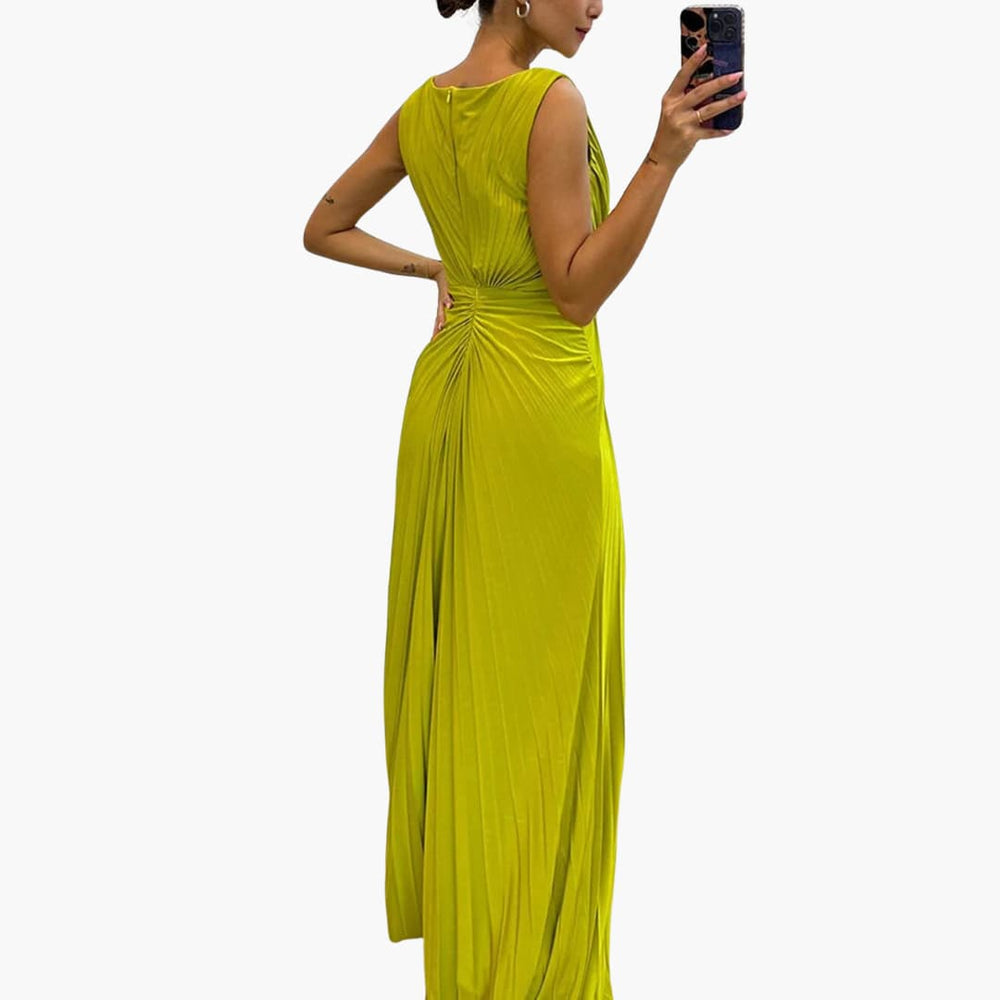Pleated Maxi Evening Dress for Women - Slit & Brooch Detail
