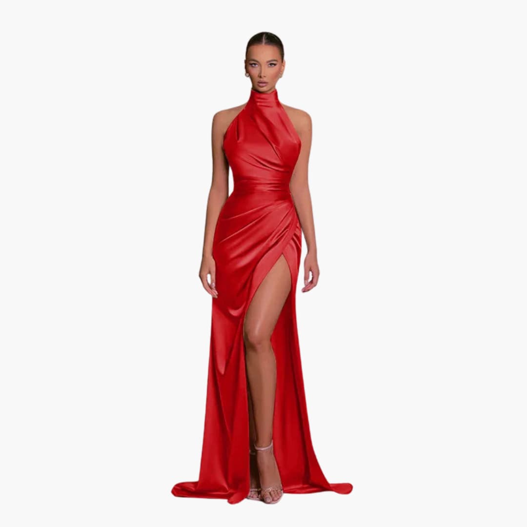 Satin Evening Dress for Women - Halter Neck High Slit Gown