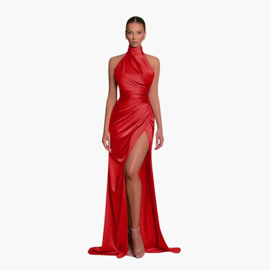 Satin Evening Dress for Women - Halter Neck High Slit Gown
