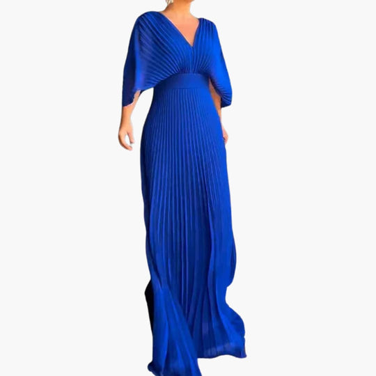Women's all-season floor-length pleated formal dress with V-neck