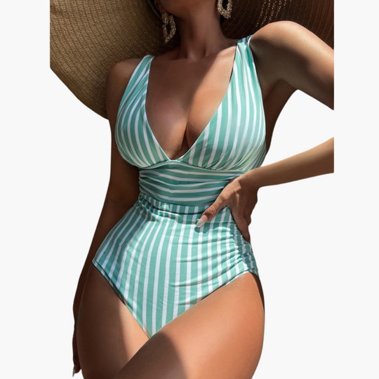 Striped One-Piece Swimsuit - Women's Shaping Beachwear Style