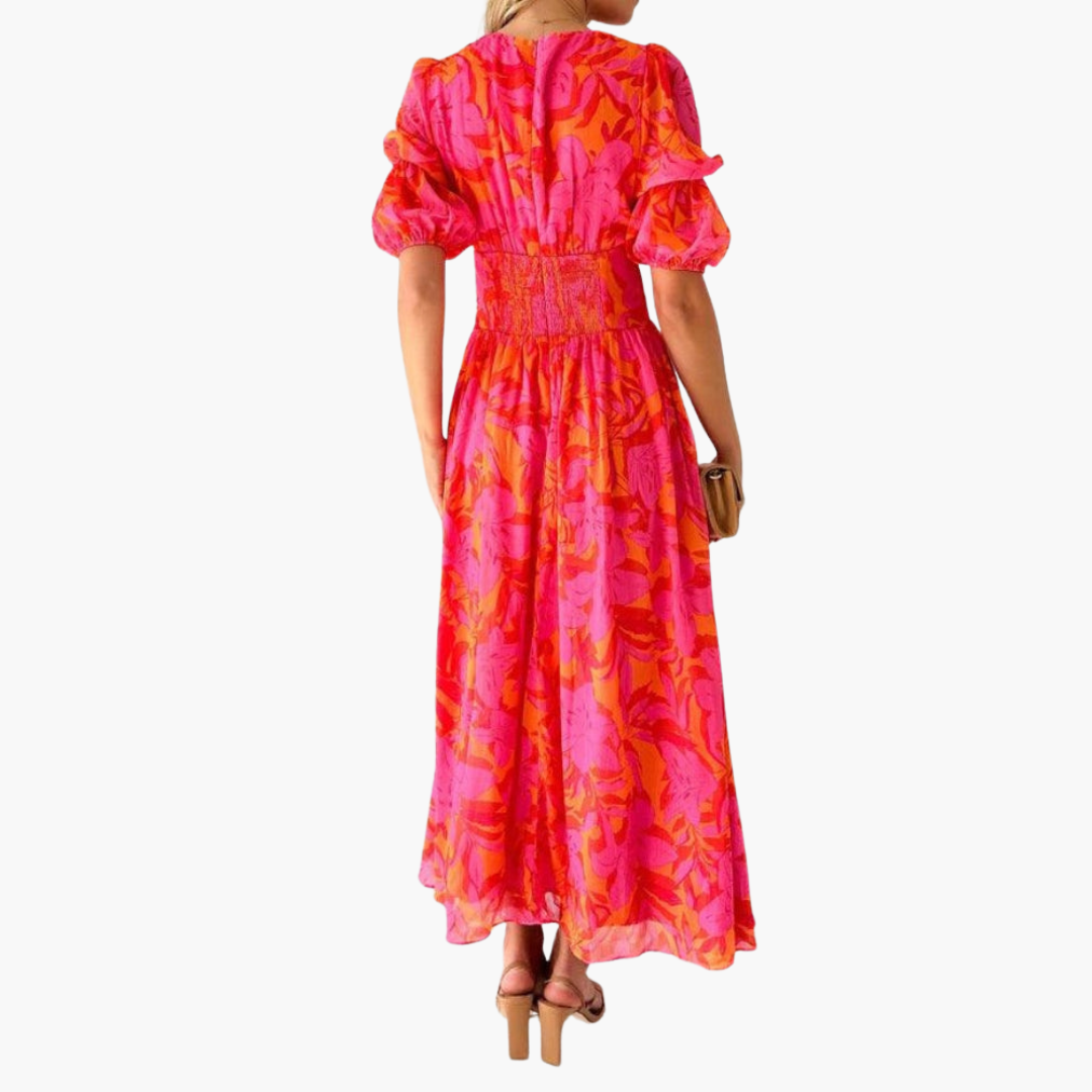 Women’s ankle-length maxi dress with V-neck and puff sleeves