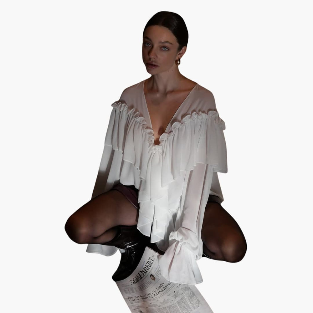 Women’s chiffon long sleeve blouse with V-neck and ruffles