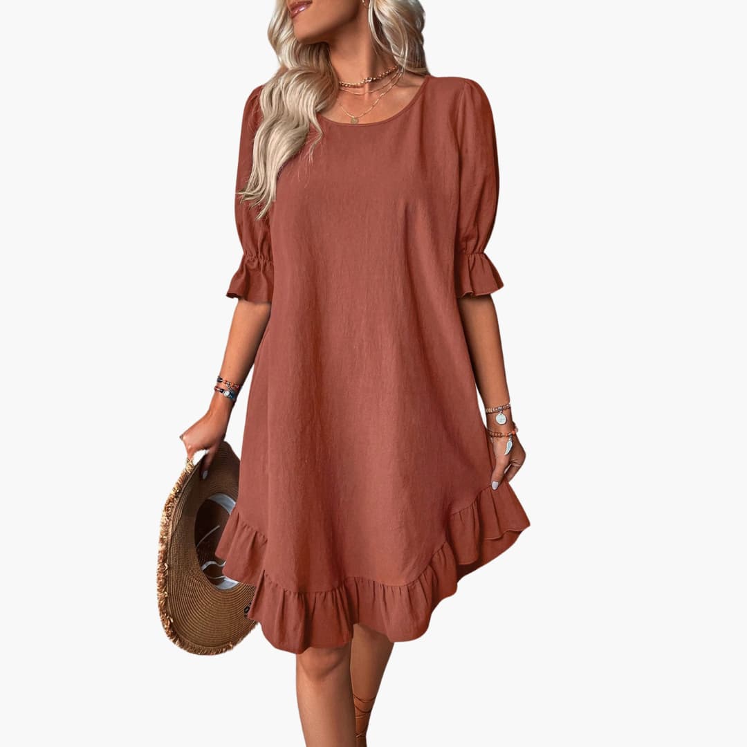 Summer Dress - Women’s Puff Sleeve Ruffle Hem Casual Fit