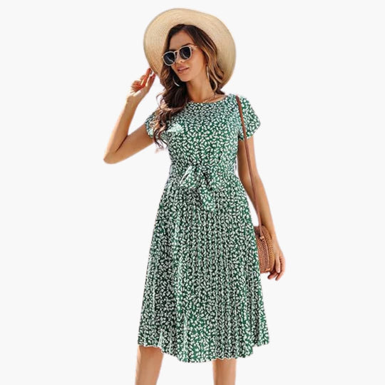 Summer Dress - Women’s Floral Belted Casual Knee-Length Fit