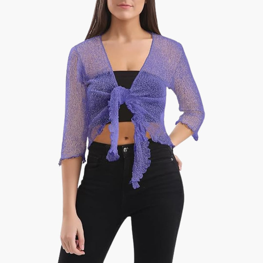 Women’s cropped tie-up shrug with sheer knit sleeves