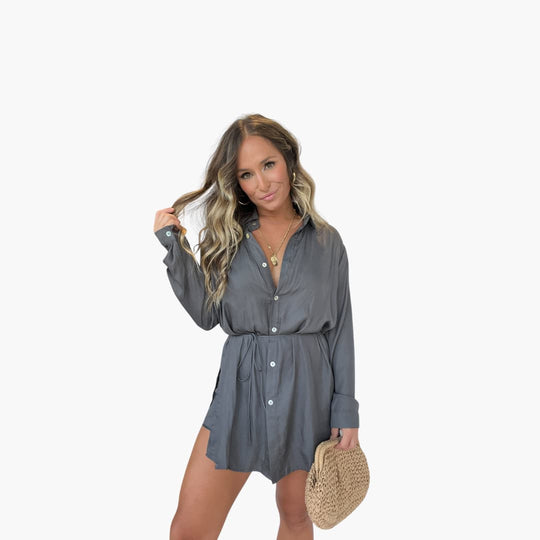 Women’s summer romper dress with long sleeves and drawstring waist