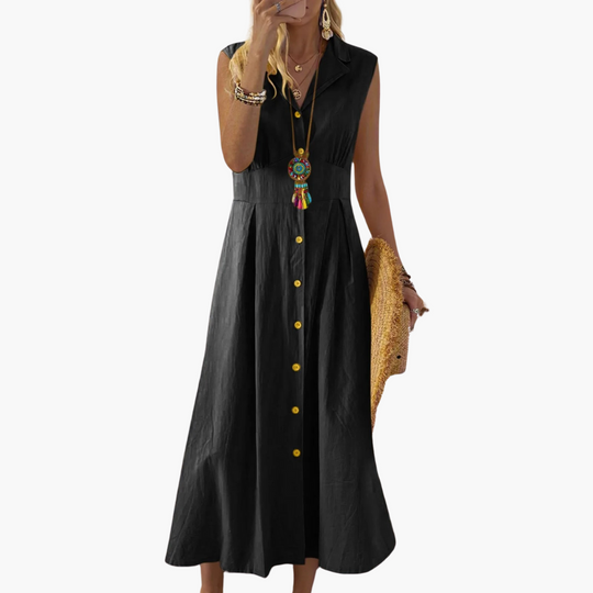 Button-Down Collared Midi Dress – Women's V-Neck Summer Style - IsabellaMae