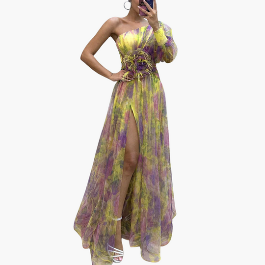 Elegant One-Shoulder Dress for Women - Floral Design with Slit