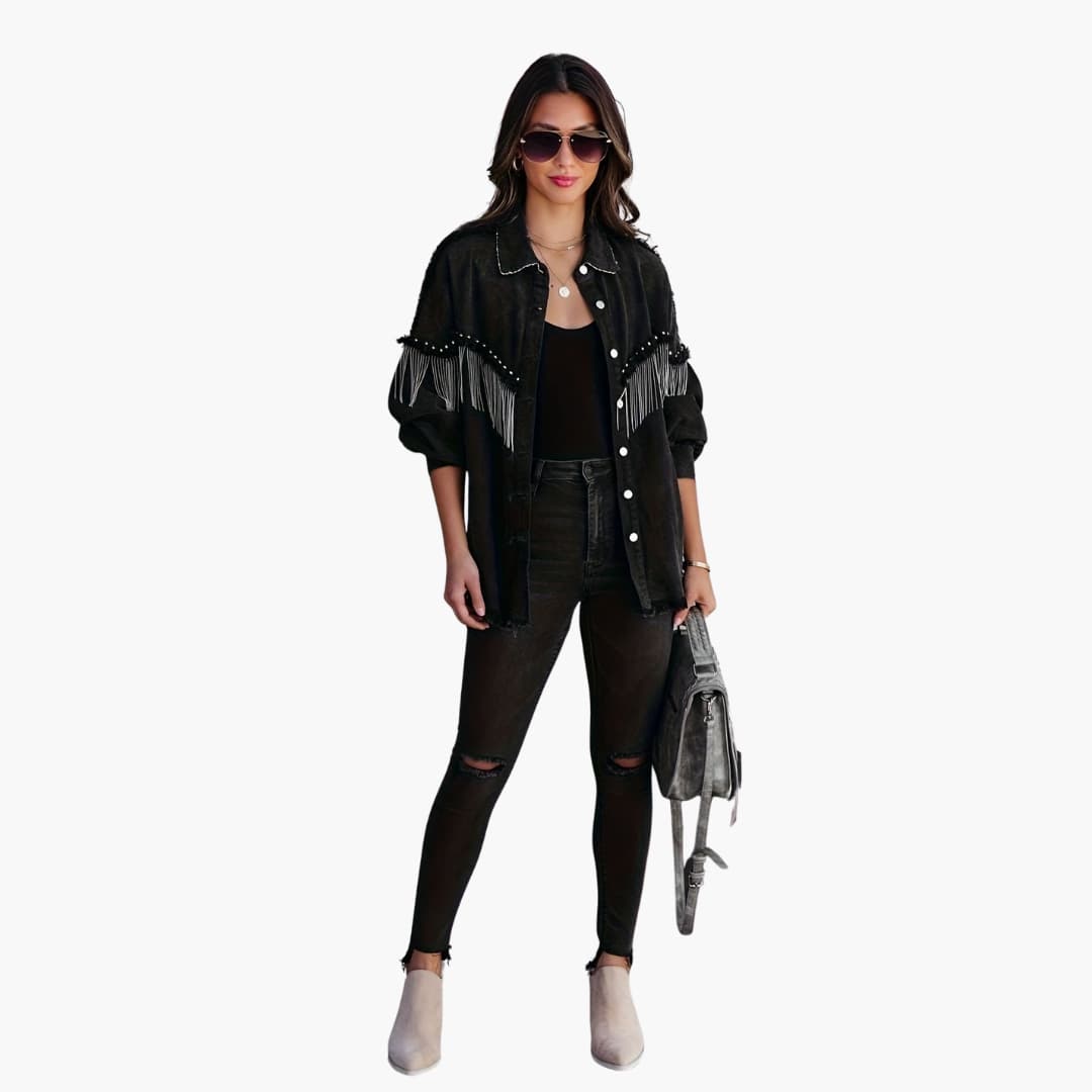 Women’s denim jacket with fringe detail and button front