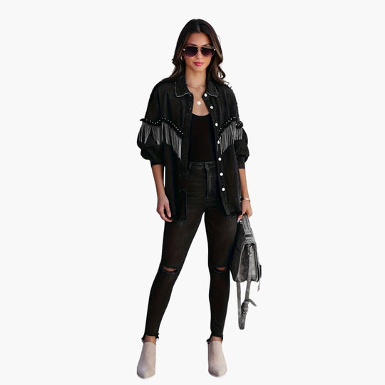 Women’s denim jacket with fringe detail and button front