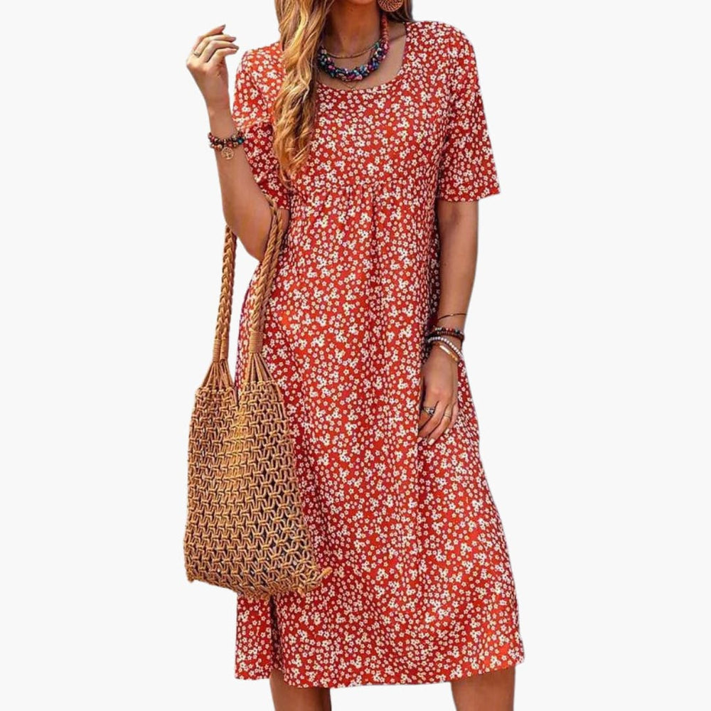 Women’s boho midi dress with short sleeves and pockets