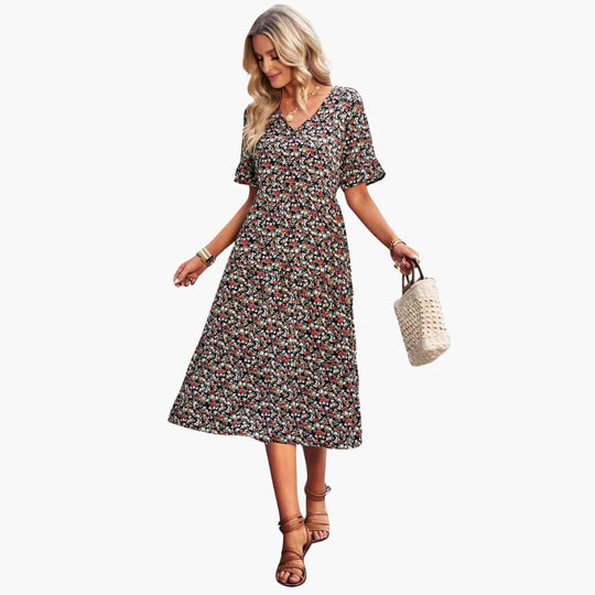 Women’s summer polyester dress with floral print and short sleeves