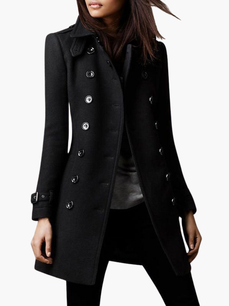 Women’s long peacoat with belt cuffs for autumn and winter