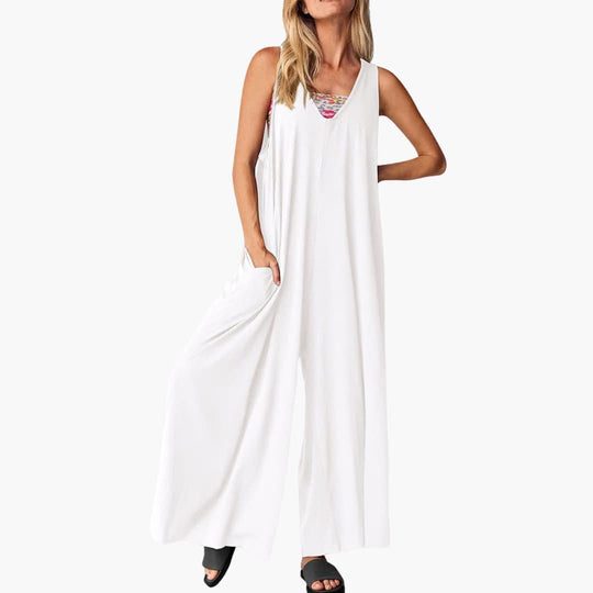 Women’s all-season sleeveless jumpsuit with wide-leg cut and pockets