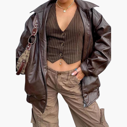 Faux Leather Zip Jacket - Women's Chic All-Season Style