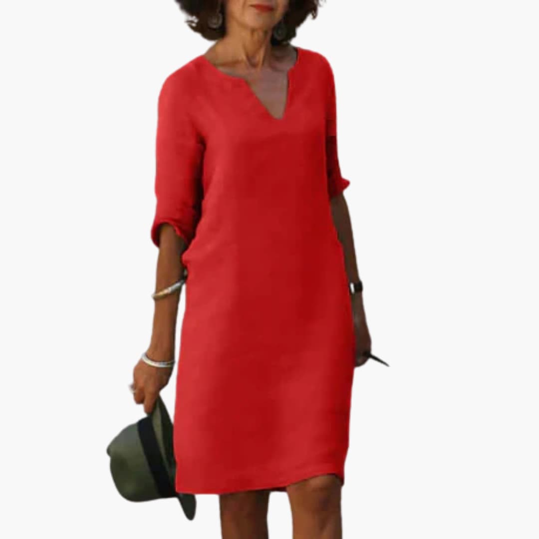 Women’s knee-length dress with V-neck and 3/4 sleeves