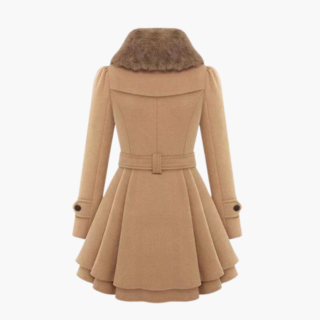 Flared Wool Trench Coat for Women - Belted with Fur Collar