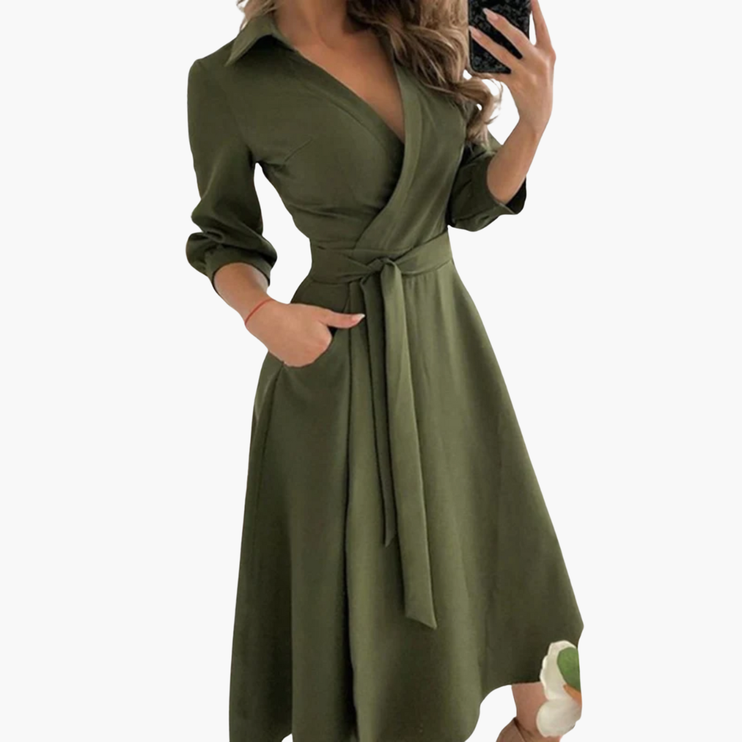 Geometric Print Wrap Midi Dress – Women's Elegant Sleeve
