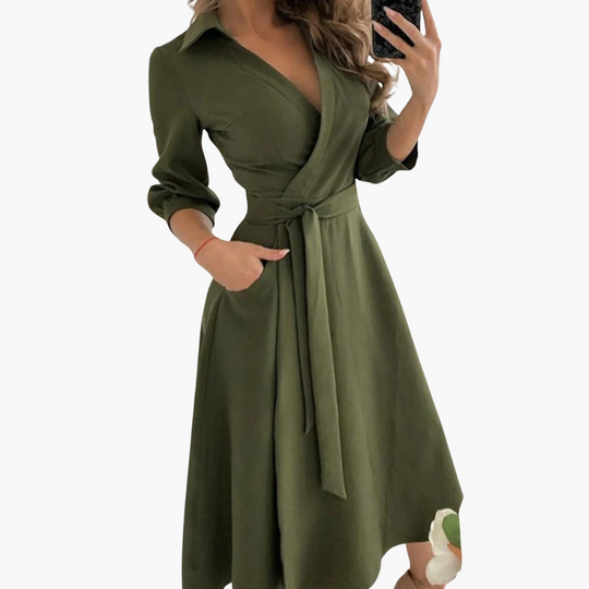 Geometric Print Wrap Midi Dress – Women's Elegant Sleeve