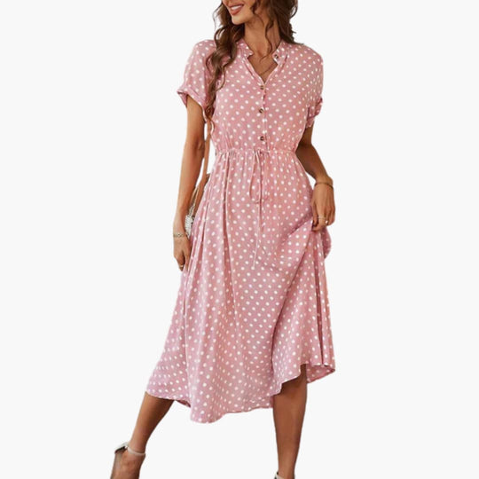 Women’s midi dress with short sleeves and button front