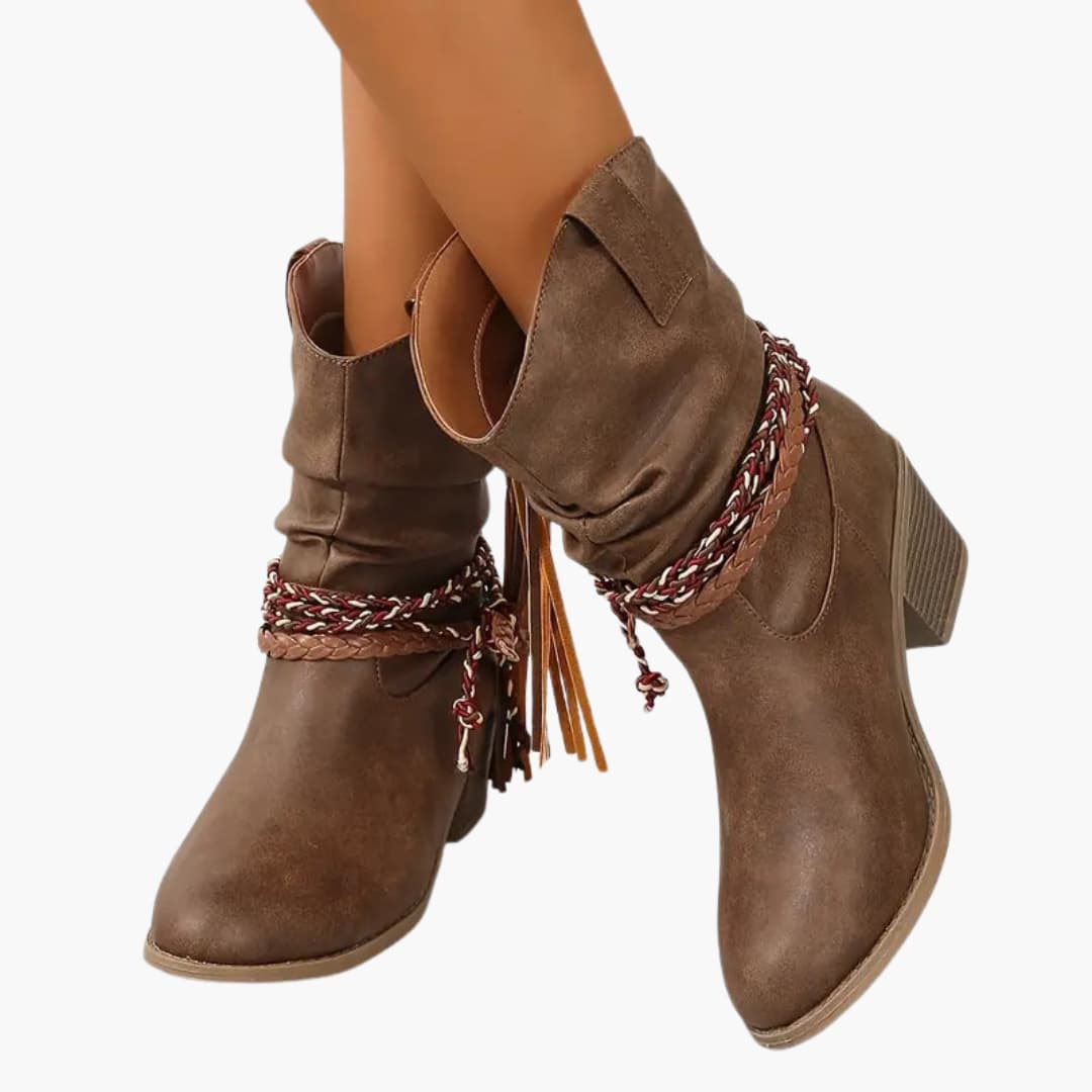 Women’s Western ankle boots with block heel and tassel detail