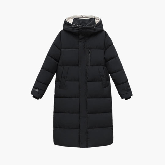 Women's long winter puffer jacket with hood and zip pockets