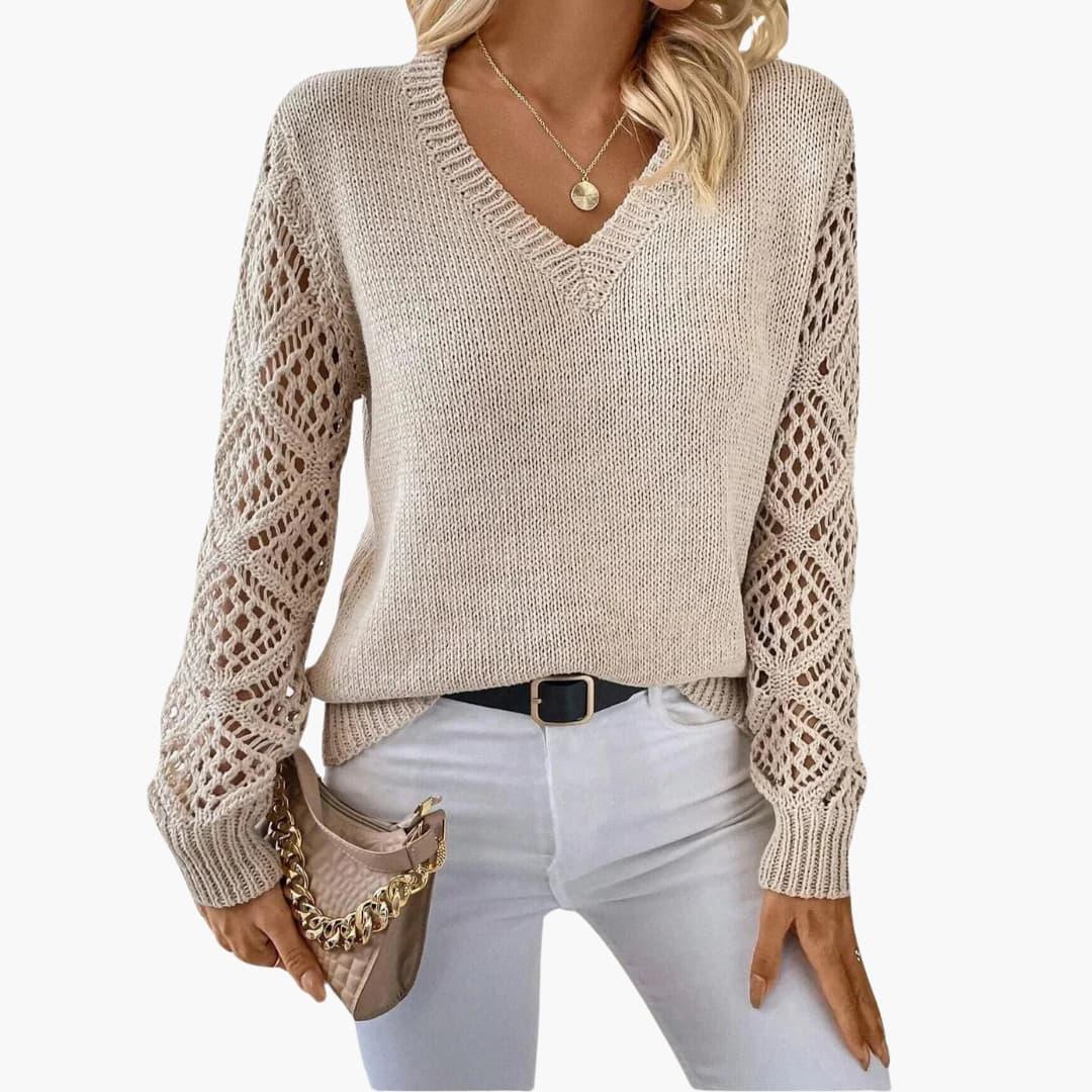 Jade | Stylish V-Neck Sweater With Handmade Details - IsabellaMae