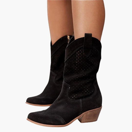 Women’s mid-calf boots with perforated panels and side zip