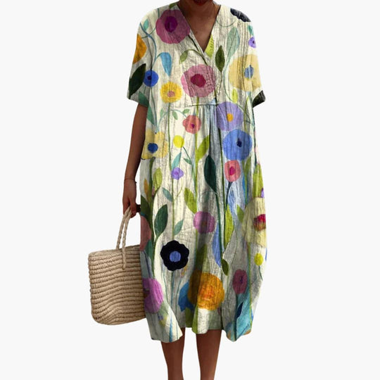 Women's floral summer dress with V-neck and short sleeves