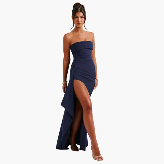 Women’s strapless floor-length evening dress with slit