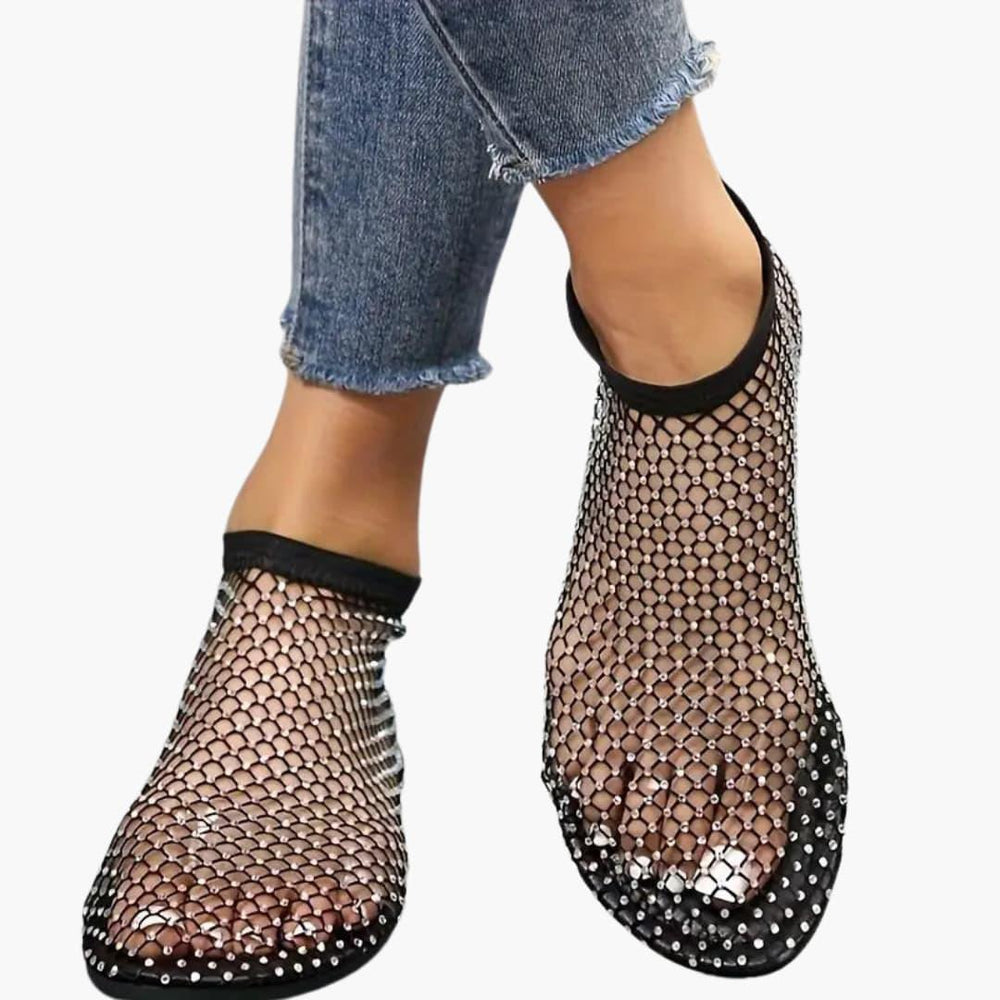 Women's mesh cutout sandals with cushioned insole and flat sole