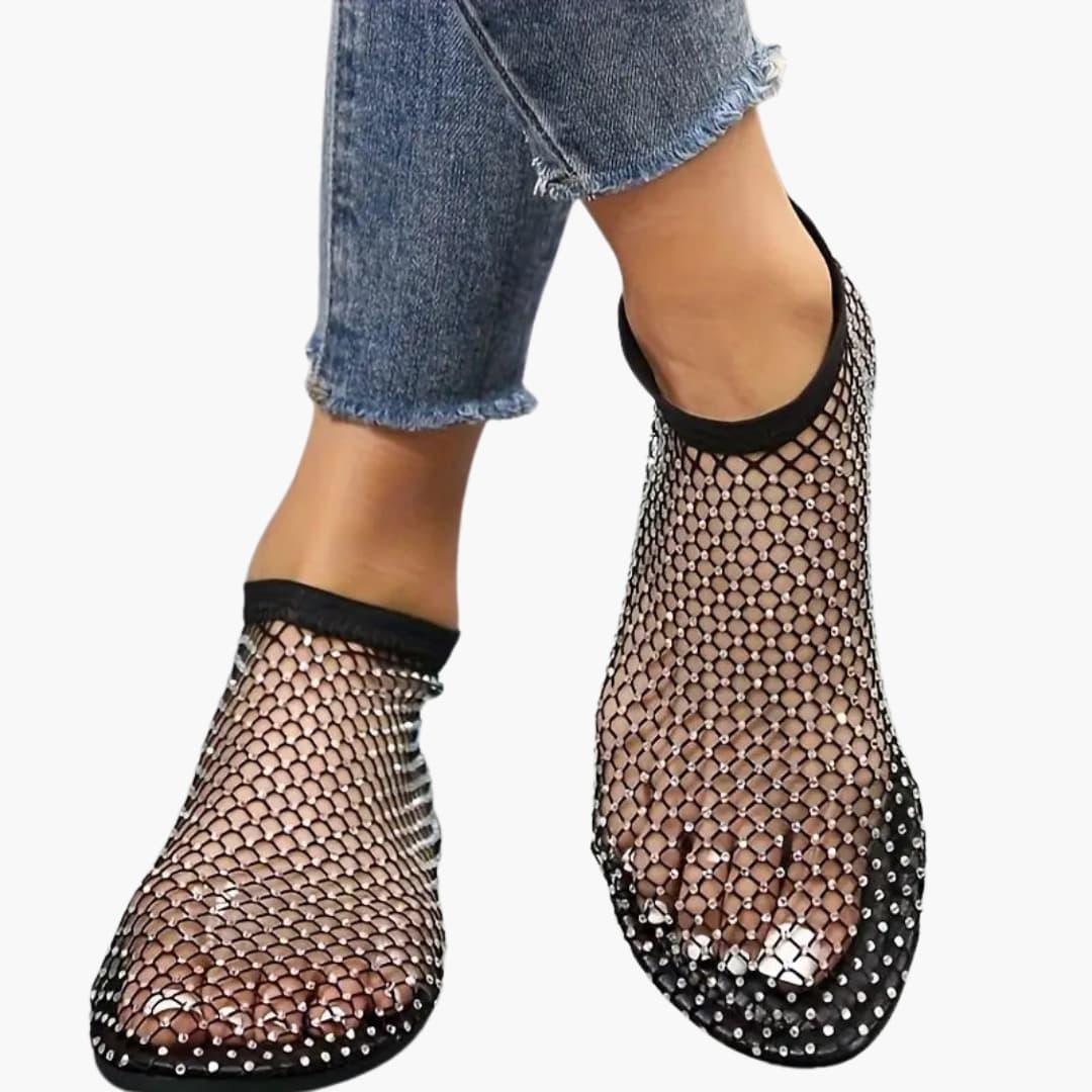 Women's mesh cutout sandals with cushioned insole and flat sole