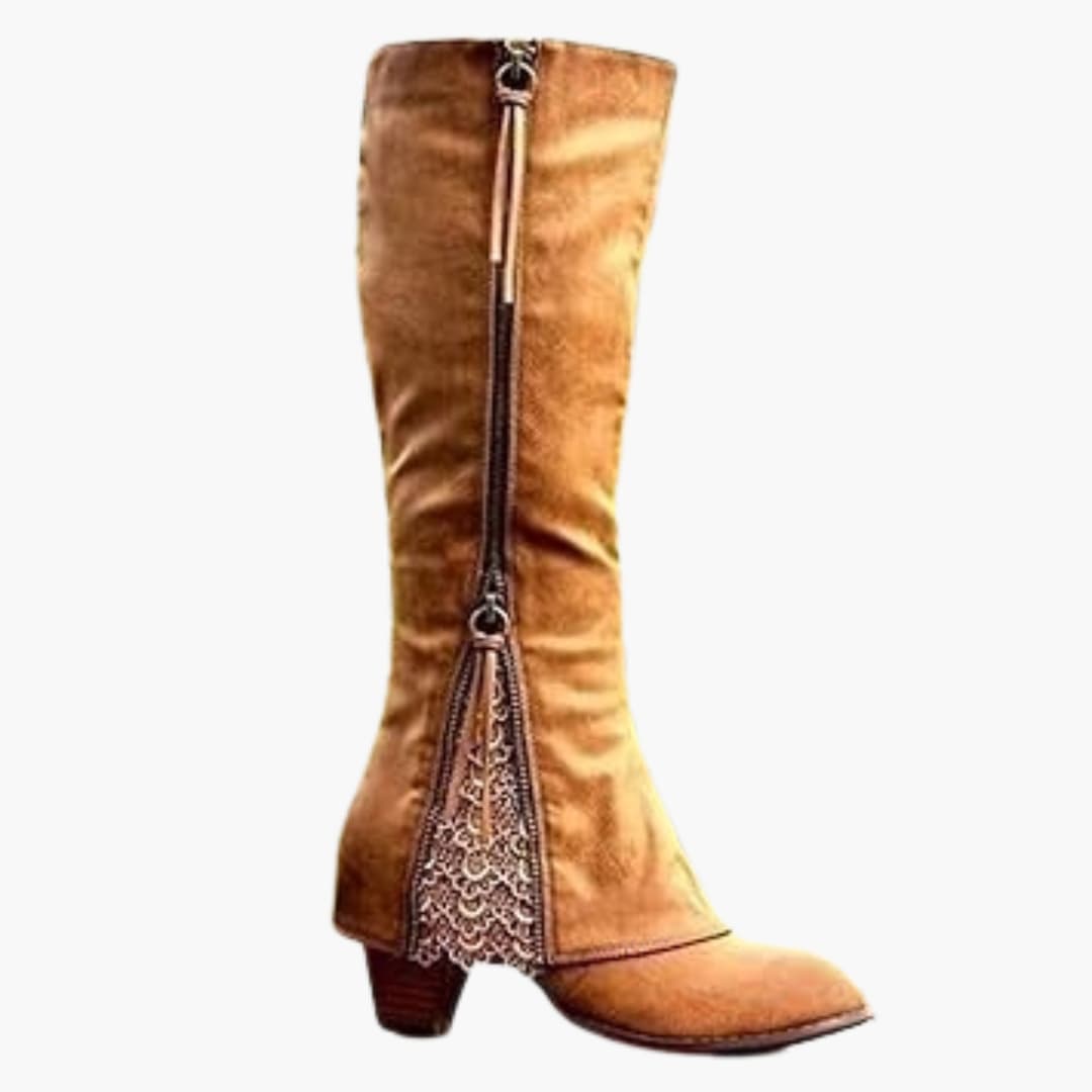 Women’s knee high boots with block heel and pointed toe